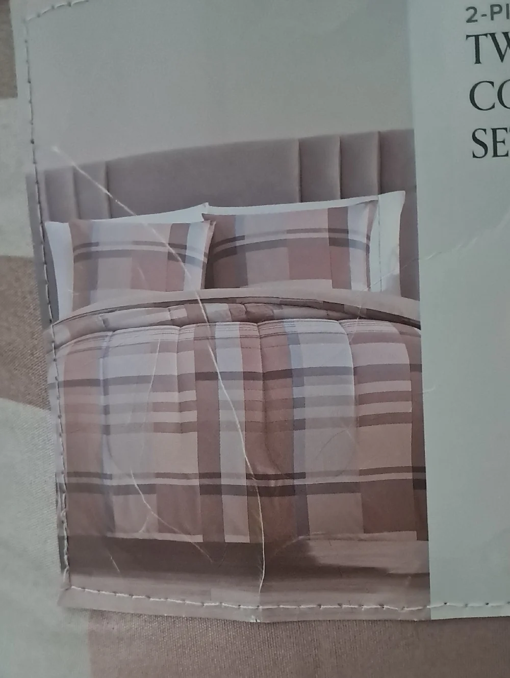 Reversible Twin Comforter Set - Blush Pink and Brown Plaid